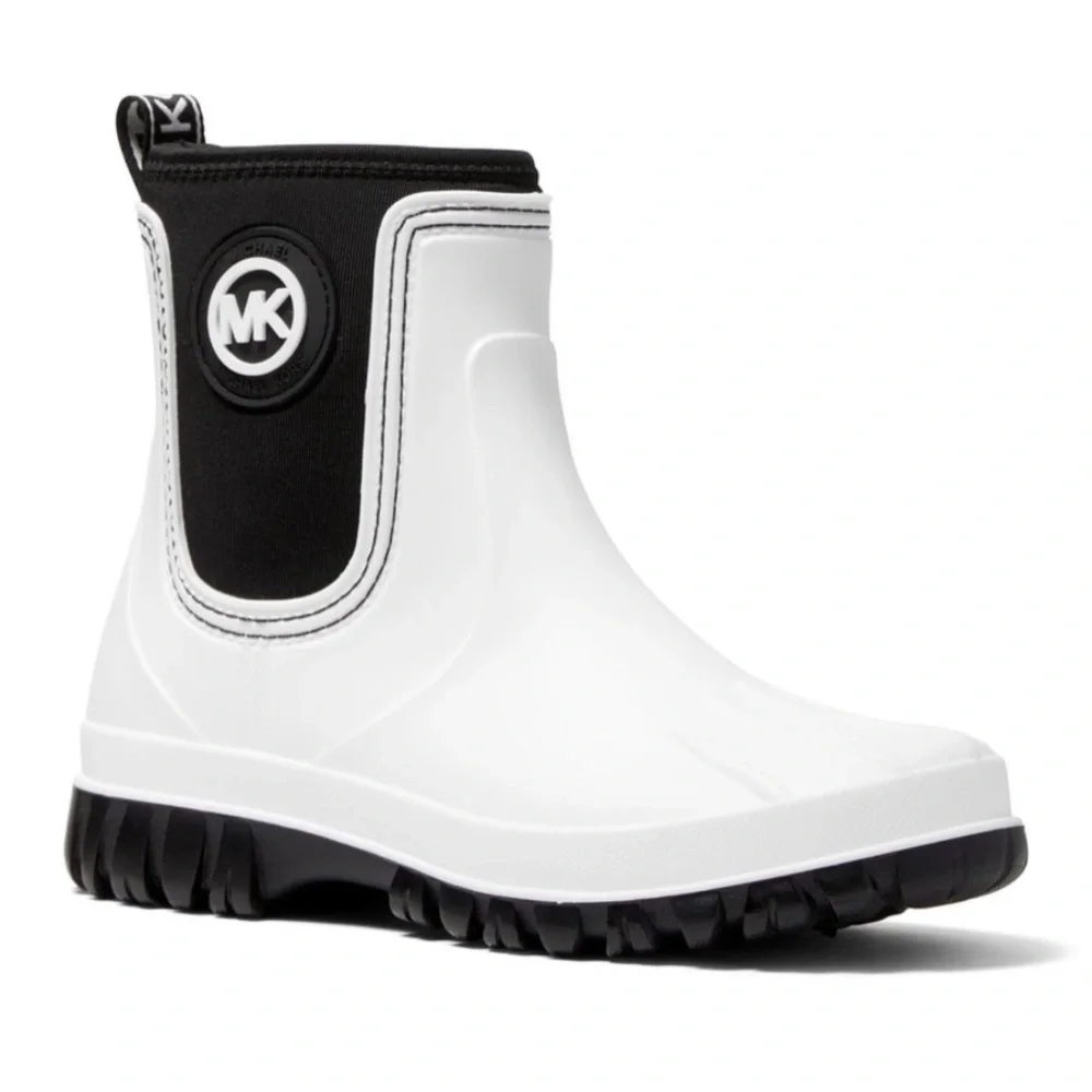 Michael Kors Tucker Optic White and Black PVC/Elastic Rain Bootie Boots - Picture 3 of 14